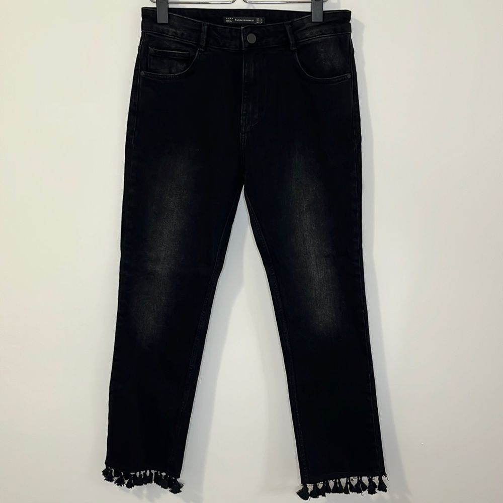 Zara Black Denim JeansTRF Trafaluc High Rise Crop Tassel Hem Size 4